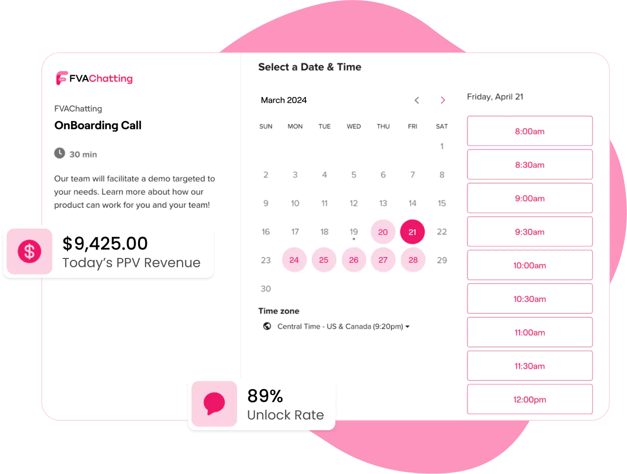 Creator onboarding platform - schedule 30-minute demo calls, track PPV revenue, and monitor unlock rates with FVAChatting's professional team